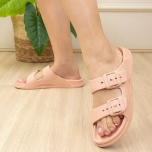 sandália birken feminina rosa com duas tiras e fivela – sandália confortável estilo Birkenstock