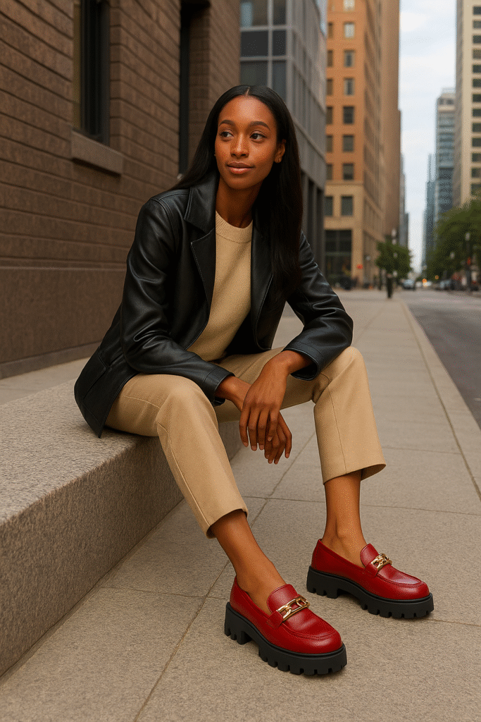 Sapatos tratorados femininos: tendência que une estilo e conforto em 2025 1 Sapatos tratorados femininos tendencia 2026 modelo usando mocassim tratorado vermelho