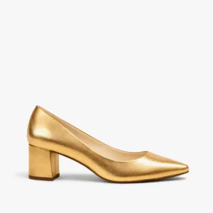 sapato scarpin feminino com salto bloco dourado
