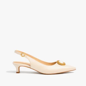 sapato scarpin slingback feminino com salto baixo branco Pérola Blànc