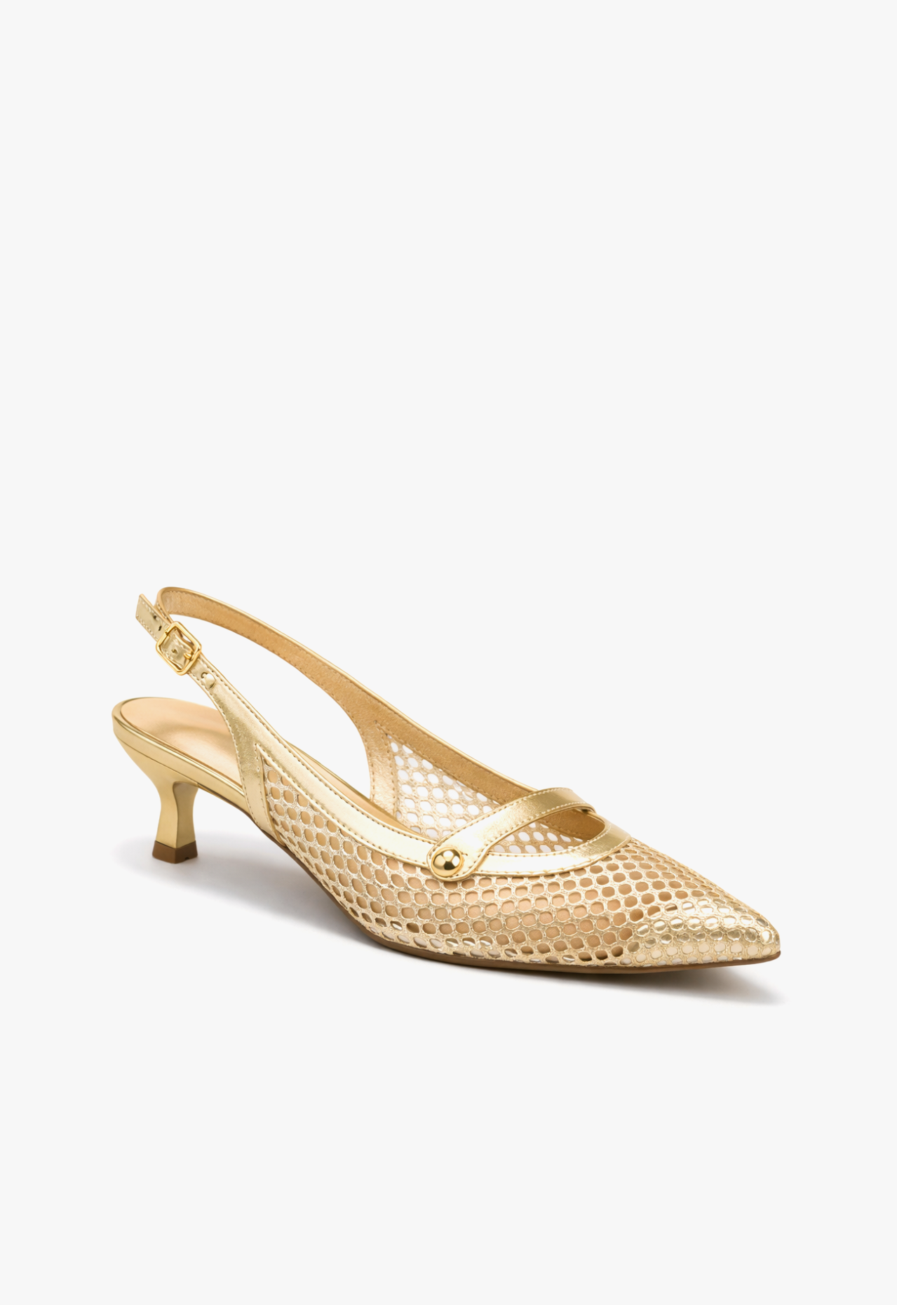 sapato scarpin slingback feminino com salto baixo dourado golden royale