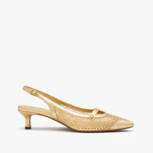sapato scarpin slingback feminino com salto baixo dourado golden royale