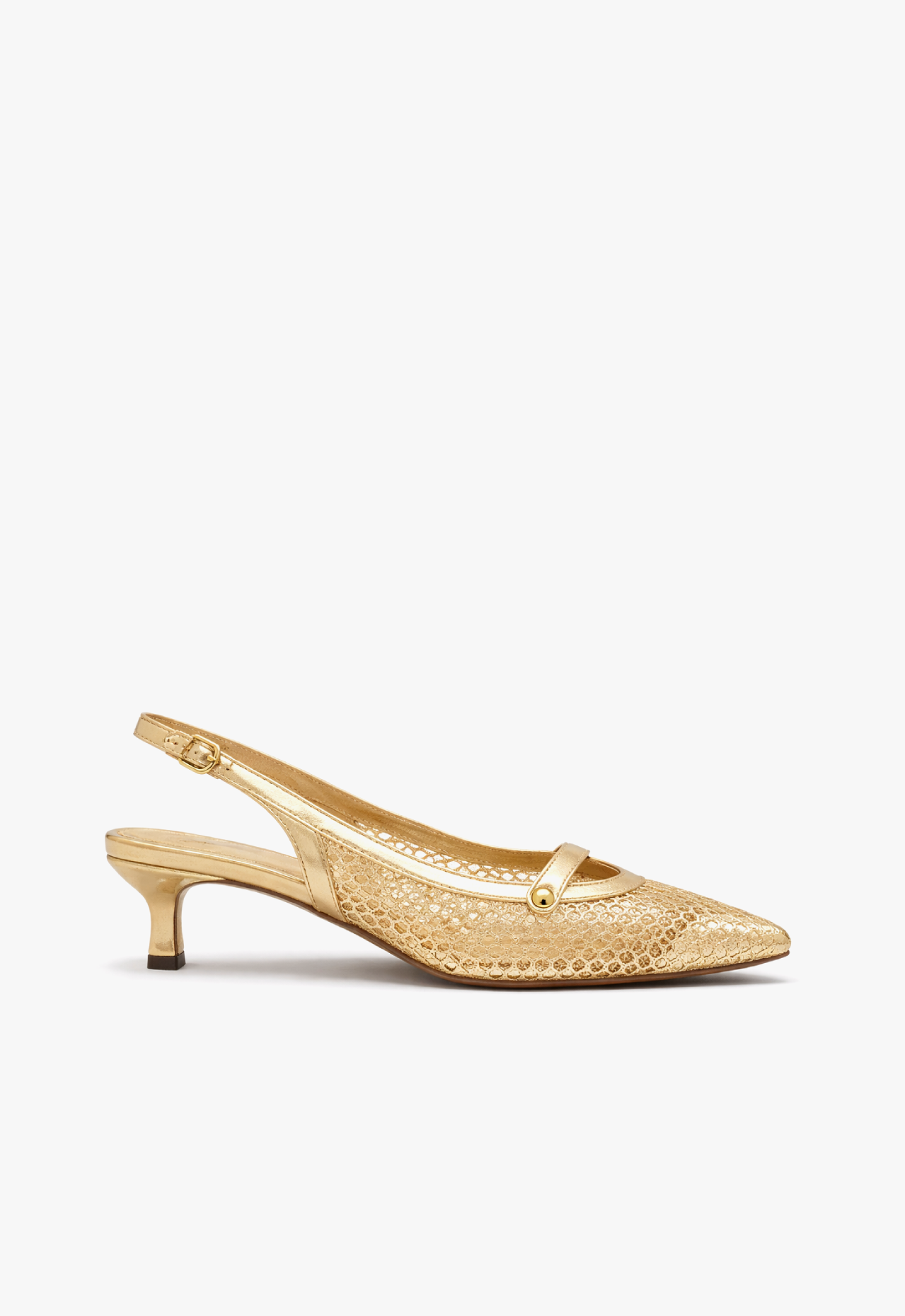 sapato scarpin slingback feminino com salto baixo dourado golden royale