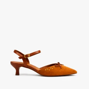 sapato scarpin slingback feminino com salto baixo dourado golden velvet